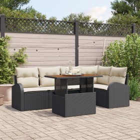 Conjunto de Comedor de Jardín de 6 Piezas con Cojines Negro Poliratán Acacia de , Sofás de exterior - Ref: Foro24-3349585, Pr...