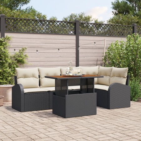 Conjunto de Comedor de Jardín de 6 Piezas con Cojines Negro Poliratán Acacia de , Sofás de exterior - Ref: Foro24-3349585, Pr...