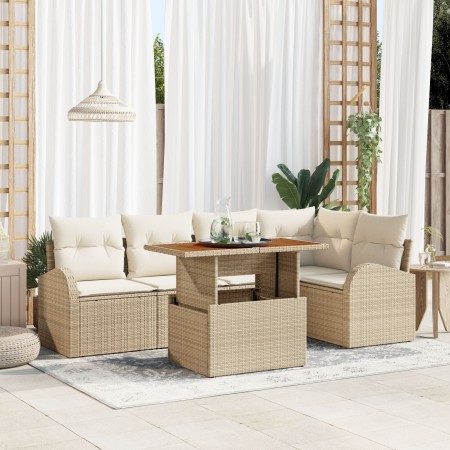 Juego de Comedor para Jardín de 6 Piezas con Cojines Beige de Poliratán Acacia de , Sofás de exterior - Ref: Foro24-3349588, ...