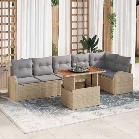 Conjunto de Comedor de Jardín de 7 Piezas con Cojines Beige Ratán Poliéster Acacia de , Sofás de exterior - Ref: Foro24-33495...