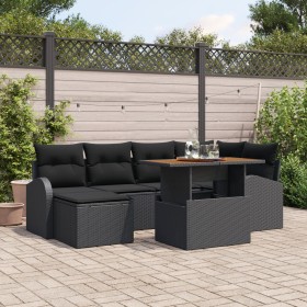 Juego de Comedor de Jardín de 7 Piezas con Cojines Negros de Ratán de Polietileno y Acacia de , Sofás de exterior - Ref: Foro...