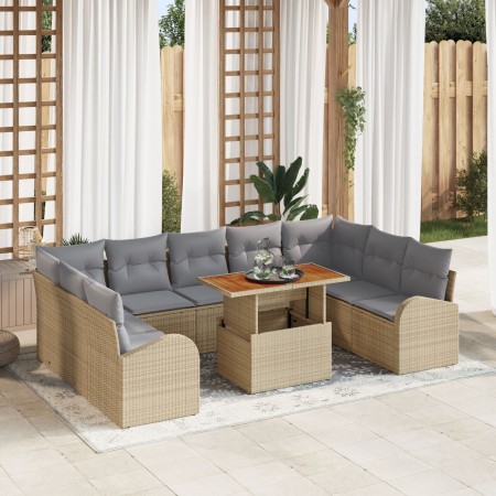 Conjunto de Comedor de Jardín de 10 Piezas con Cojines Beige Ratán Poliéster Acacia de , Sofás de exterior - Ref: Foro24-3349...