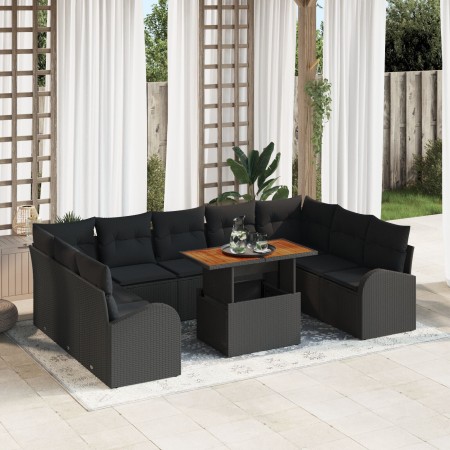 Set de Jardín de 10 Piezas con Cojines Negro Ratán Poli Acacia de , Sofás de exterior - Ref: Foro24-3349631, Precio: 668,19 €...