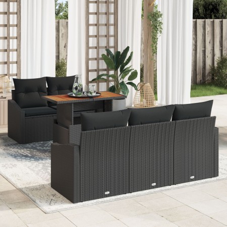 Conjunto de Comedor de Jardín de 6 Piezas con Cojines Negro Ratán Polietileno Acacia de , Sofás de exterior - Ref: Foro24-334...