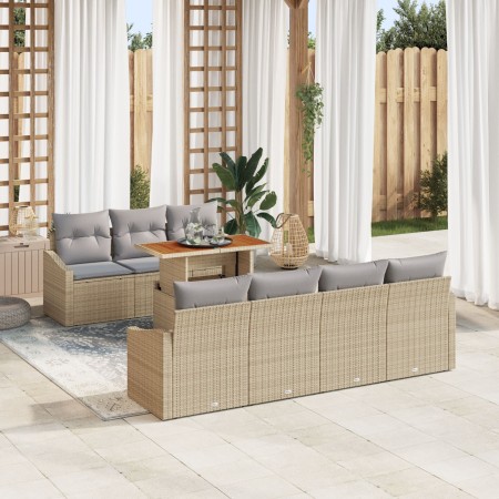 Juego de Comedor de Jardín de 8 Piezas con Cojines Beige Ratán Poli Acacia de , Sofás de exterior - Ref: Foro24-3349797, Prec...