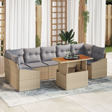 Conjunto de Comedor Jardín de 8 Piezas con Cojines Beige Ratán Sintético Acacia de , Sofás de exterior - Ref: Foro24-3349804,...