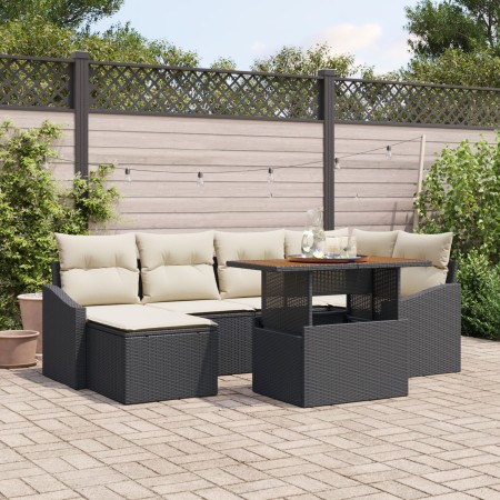 Conjunto de Comedor de Jardín de 7 Piezas con Cojines en Negro Poliratán Acacia de , Sofás de exterior - Ref: Foro24-3349858,...