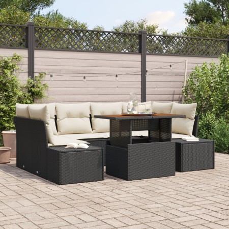 Conjunto de Sofá de Jardín Conjunto de 7 Beige y Negro Ratán, Tela de , Sofás de exterior - Ref: Foro24-3349914, Precio: 498,...
