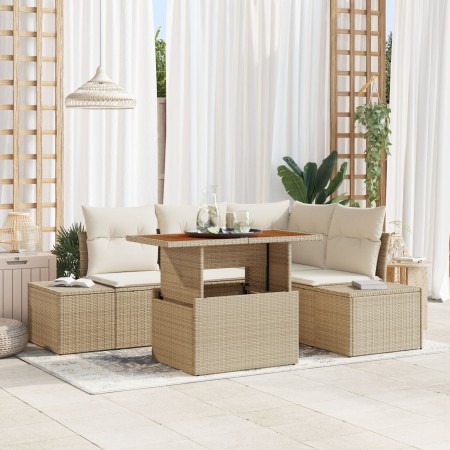 Conjunto de Comedor de Jardín de 5 Piezas con Cojines Beige Ratán Poliéster Acacia de , Sofás de exterior - Ref: Foro24-33499...