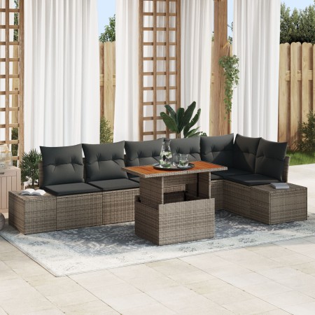 Juego de Comedor de Jardín de 7 Piezas con Cojines Ratán Gris Acacia de , Sofás de exterior - Ref: Foro24-3349971, Precio: 49...