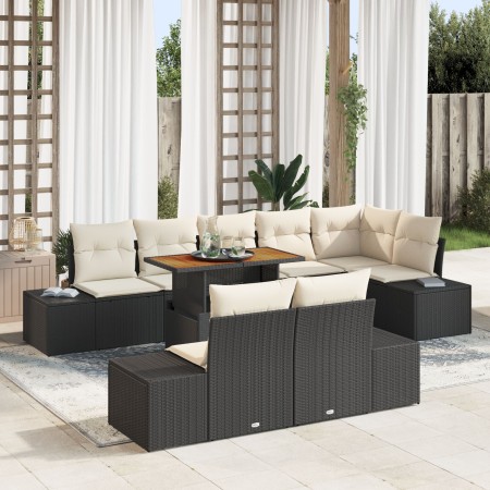 Conjunto de Jardín de 9 Piezas con Cojines Negro Ratán Poliéster Acacia de , Sofás de exterior - Ref: Foro24-3349977, Precio:...