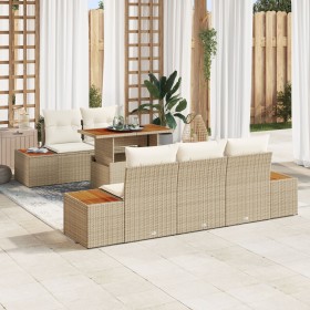 Set de Comedor de Jardín de 6 Piezas con Cojines Beige Poly Ratán Acacia de , Sofás de exterior - Ref: Foro24-3350028, Precio...