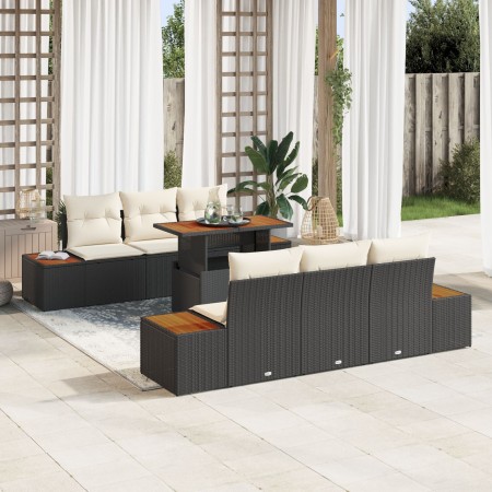 Conjunto de Comedor de Jardín de 7 Piezas con Cojines Negros Ratán Poliéster Acacia de , Sofás de exterior - Ref: Foro24-3350...