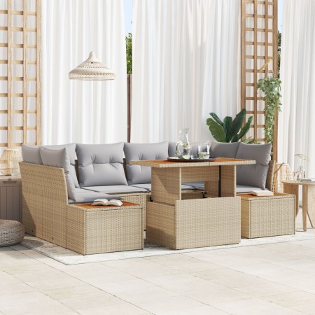 Conjunto de Comedor de Jardín de 7 Piezas con Cojines Ratán Beige Poli Ratan Acacia de , Sofás de exterior - Ref: Foro24-3350...