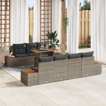 Conjunto de Sofá de Jardín Juego de 8 Gris Ratán Poliéster, Madera de , Sofás de exterior - Ref: Foro24-3350041, Precio: 629,...