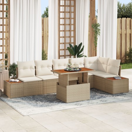 Conjunto de Sofá de Jardín Set de 7 Beige Ratán, Madera, Poliéster de , Sofás de exterior - Ref: Foro24-3350078, Precio: 535,...