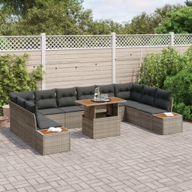 Juego de Comedor de Jardín de 11 Piezas con Cojines Gris de Poliratán Acacia de , Sofás de exterior - Ref: Foro24-3350106, Pr...