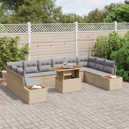 Set de Comedor de Jardín de 11 Piezas con Cojines Beige Ratán Poliéster de , Sofás de exterior - Ref: Foro24-3350107, Precio:...