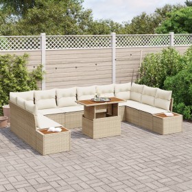 Conjunto de Comedor de Jardín de 11 Piezas con Cojines Beige Poliratán Acacia de , Sofás de exterior - Ref: Foro24-3350108, P...