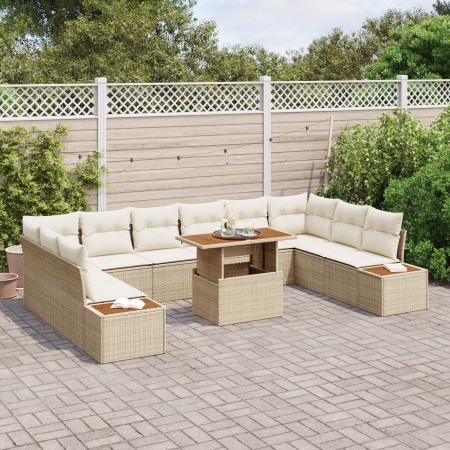 Conjunto de Comedor de Jardín de 11 Piezas con Cojines Beige Poliratán Acacia de , Sofás de exterior - Ref: Foro24-3350108, P...