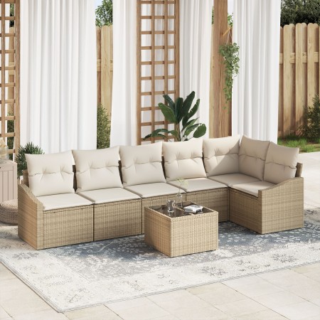 Conjunto de Sofás de Jardín Set de 7 Beige Ratán Poliéster, Tela de , Sofás de exterior - Ref: Foro24-3355420, Precio: 529,57...