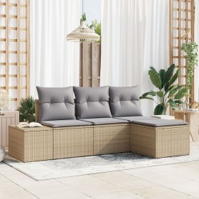 Juego de Sofá de Jardín de 4 Piezas con Cojines Beige Ratán Poliéster de , Sofás de exterior - Ref: Foro24-3355679, Precio: 3...