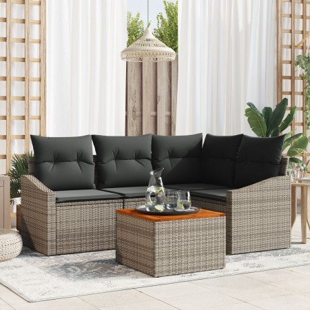 Set de Sofá de Jardín de 5 Piezas con Cojines Gris Ratán Poli Acacia de , Sofás de exterior - Ref: Foro24-3356494, Precio: 35...