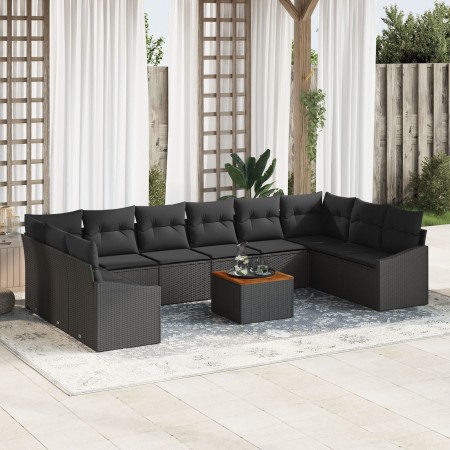 Conjunto de Sofá de Jardín de 11 Piezas con Cojines Negros de Poliratán y Acacia de , Sofás de exterior - Ref: Foro24-3356553...