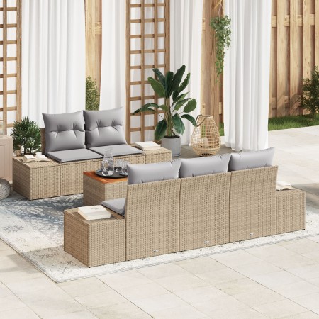 Conjunto de Sofás de Jardín de 6 Piezas con Cojines Beige Ratán Poliéster Acacia de , Sofás de exterior - Ref: Foro24-3356565...