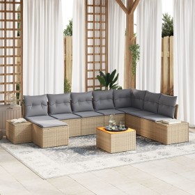 Conjunto de Sofá de Jardín de 9 Piezas con Cojines Beige Poliratán Acacia de , Sofás de exterior - Ref: Foro24-3356663, Preci...