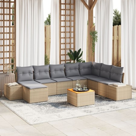 Conjunto de Sofá de Jardín de 9 Piezas con Cojines Beige Poliratán Acacia de , Sofás de exterior - Ref: Foro24-3356663, Preci...