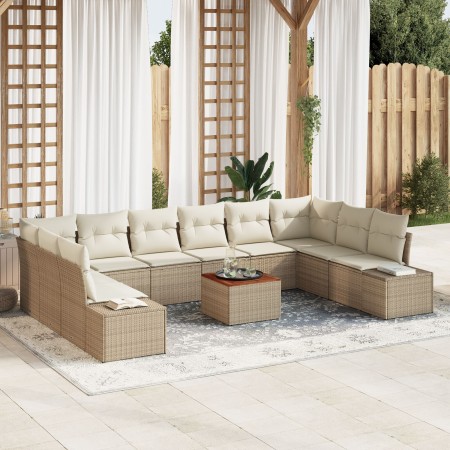 Juego de sofá de jardín de 11 piezas con cojines Beige Ratán poliéster Acacia de , Sofás de exterior - Ref: Foro24-3356678, P...