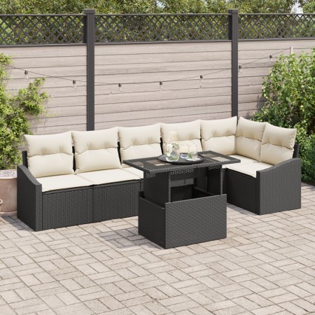 Conjunto de Sofá de Jardín 7 Piezas Negro y Crema Ratán y Poliéster de , Sofás de exterior - Ref: Foro24-3357750, Precio: 499...