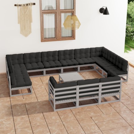 Set de muebles de jardín 14 pzas con cojines madera pino gris de vidaXL, Conjuntos de jardín - Ref: Foro24-3077291, Precio: 1...