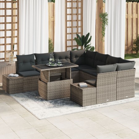 Conjunto de Sofá de Jardín Juego de 9 Gris, Marrón Ratan, Poliéster de , Sofás de exterior - Ref: Foro24-3357892, Precio: 664...