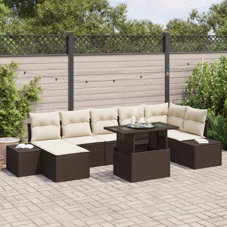 Conjunto de Sofá de Jardín de 8 Piezas Marrón Poliratán, Tela, Acero de , Sofás de exterior - Ref: Foro24-3357961, Precio: 58...