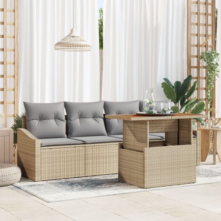 Conjunto de Sofá de Jardín 5 Piezas Beige Ratán, Espuma, Vidrio de , Sofás de exterior - Ref: Foro24-3358506, Precio: 386,17 ...