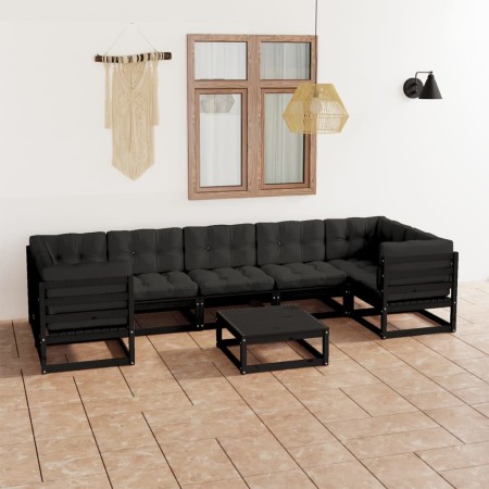 Set de muebles de jardín 8 pzas con cojines madera pino negro de vidaXL, Conjuntos de jardín - Ref: Foro24-3077313, Precio: 9...