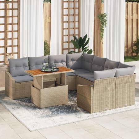 Conjunto de Sofás de Jardín de 9 Piezas con Cojines Beige Ratan Sintético de , Sofás de exterior - Ref: Foro24-3358555, Preci...