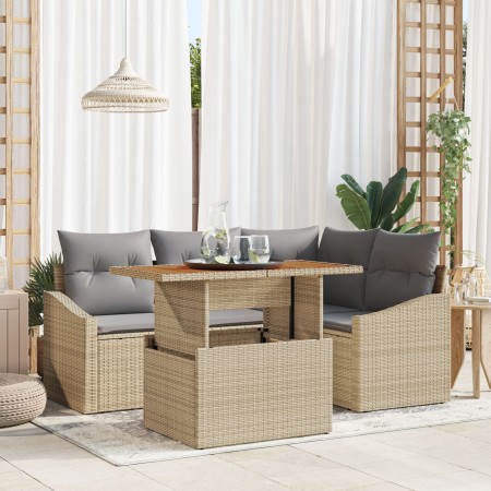 Juego de Sofá de Jardín de 5 Piezas con Cojines Beige Ratán Poliéster de , Sofás de exterior - Ref: Foro24-3358569, Precio: 4...