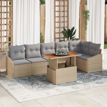 Juego de Sofá de Jardín de 7 Piezas con Cojines Beige Ratán Polietileno de , Sofás de exterior - Ref: Foro24-3358583, Precio:...