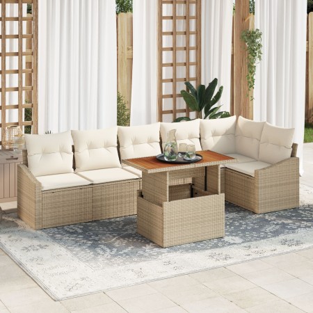 Juego de Sofá de Jardín de 7 Piezas con Cojines Beige Ratán Poliéster de , Sofás de exterior - Ref: Foro24-3358584, Precio: 5...