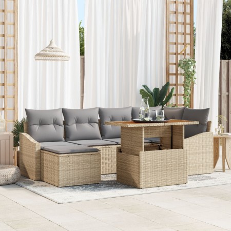 Conjunto de Sofá de Jardín de 7 Piezas con Cojines Beige Ratán Poliester de , Sofás de exterior - Ref: Foro24-3358597, Precio...