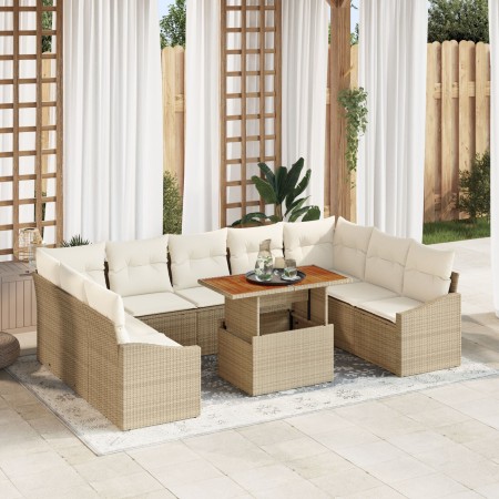 Juego de Sofá de Jardín de 10 Piezas con Cojines Beige Ratán Poliéster de , Sofás de exterior - Ref: Foro24-3358619, Precio: ...