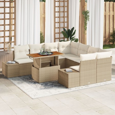 Set de Sofá de Jardín de 9 Piezas con Cojines Beige de Ratán Poliéster de , Sofás de exterior - Ref: Foro24-3358682, Precio: ...