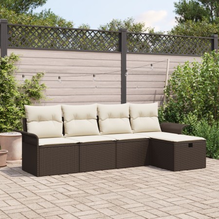 Conjunto de Sofá de Jardín de 5 piezas con Cojines Marrón Ratán Poliéster de , Sofás de exterior - Ref: Foro24-3358857, Preci...