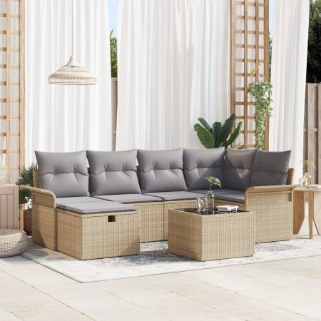 Juego de Sofá de Jardín de 7 Piezas con Cojines Beige Ratán Poliéster de , Sofás de exterior - Ref: Foro24-3358889, Precio: 4...