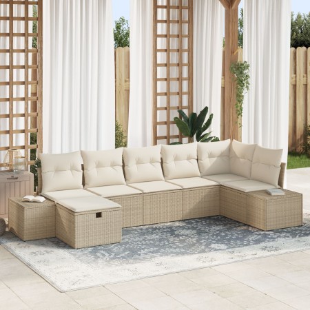 Conjunto de Sofás de Jardín de 7 Piezas con Cojines Beige Ratan Poliéster de , Sofás de exterior - Ref: Foro24-3359400, Preci...