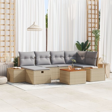 Juego de Sofá de Jardín de 7 Piezas con Cojines Beige de Ratán Poliéster de , Sofás de exterior - Ref: Foro24-3359637, Precio...