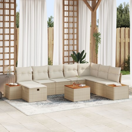 Conjunto de Sofás de Jardín de 9 Piezas con Cojines Beige Ratán Poliéster de , Sofás de exterior - Ref: Foro24-3359663, Preci...
